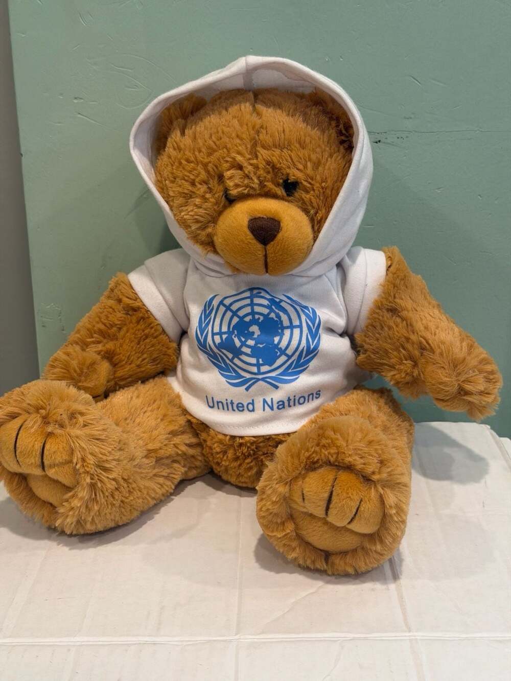 United Nations Promotional Brown Plush Teddy Bear with White Hoodie